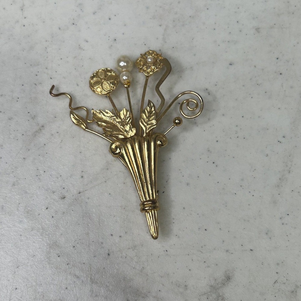 Vintage Gold Tone Floral Bouquet Brooch Faux Pearl Cornucopia Flower Pin